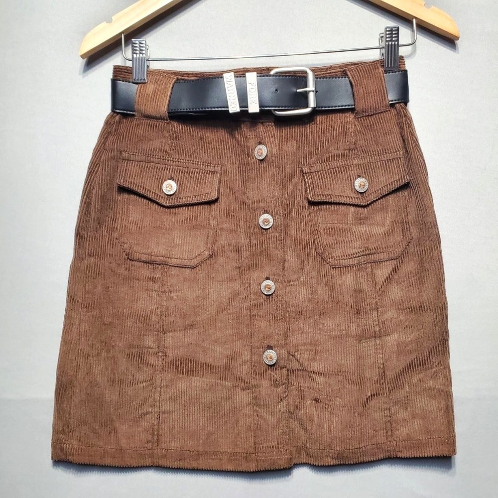 Forewarned Corduroy A-Line Mini Skirt Womens 6 Brown Button Front Belted Pockets